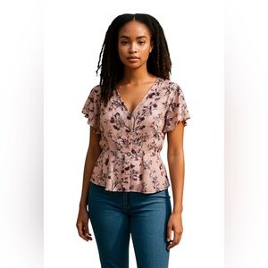 LIZ CLAIBORNE PINK FLORAL FLUTTER SLEEVE PEPLUM V NECK BLOUSE Size 1X